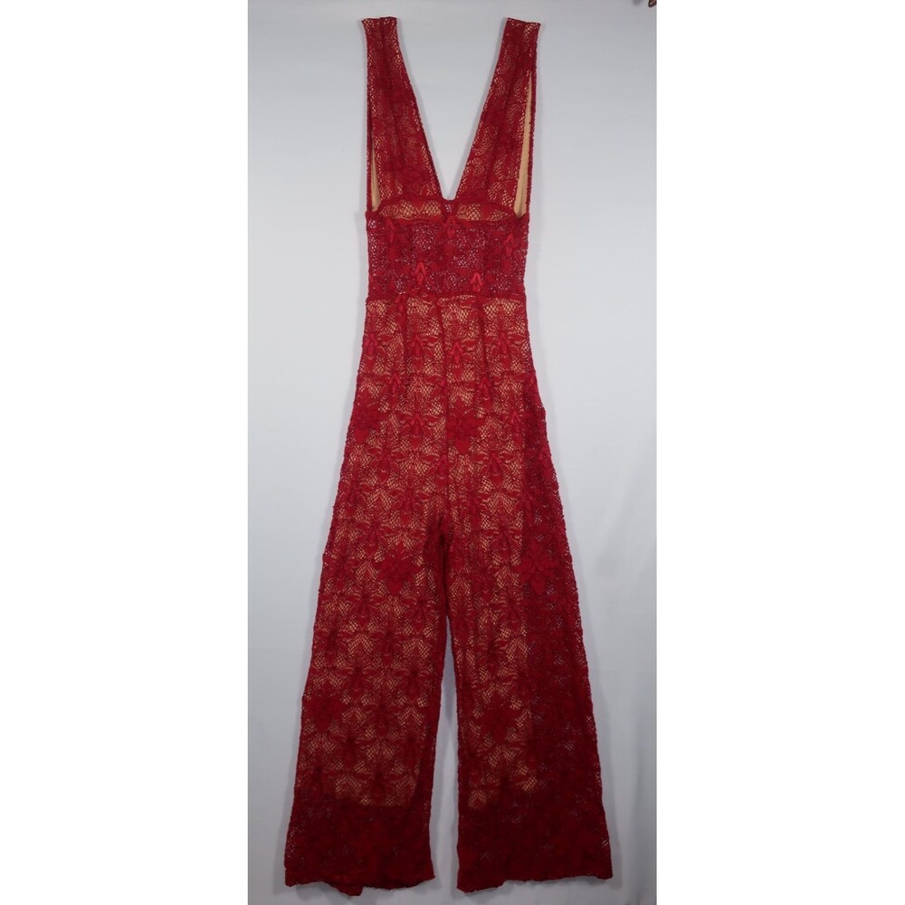 Nightcap Free People Fleur Lace Jumpsuit Red V Neck Stretchy Anthropologie 2 - Picture 8 of 14